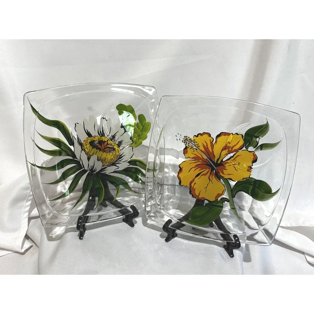 2 Vintage Hand Painted Floral Glass Plates Square cup holder‎ MCM Garden Party
